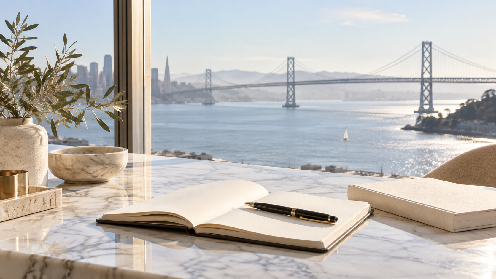 Open notebook and pen on a bright marble table overlooking the Bay Bridge