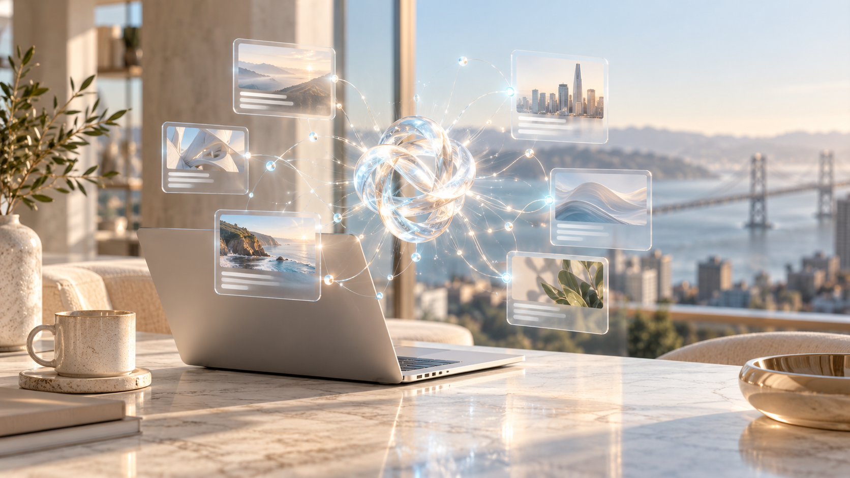 Translucent AI search panels above a laptop in a light editorial workspace