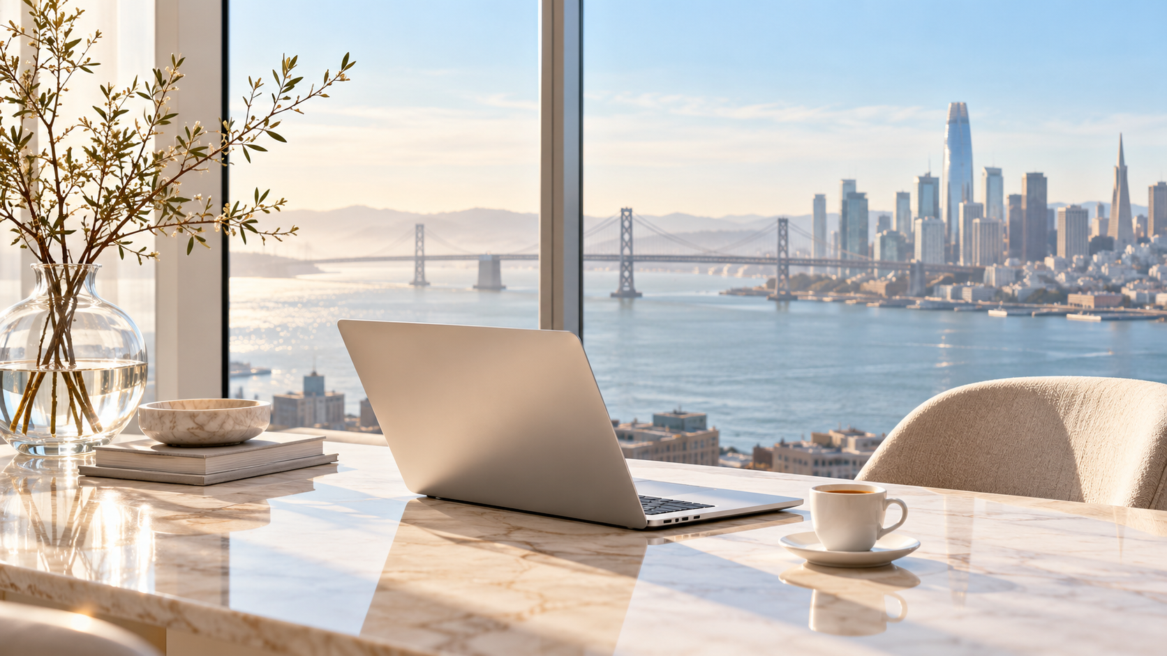 Laptop and coffee on a bright marble desk overlooking San Francisco Bay