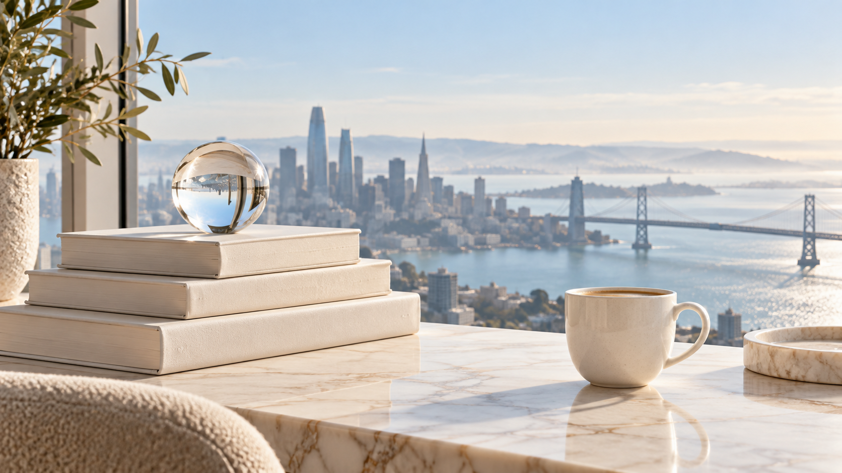 Ivory books and a glass sphere overlooking a pale blue city waterfront