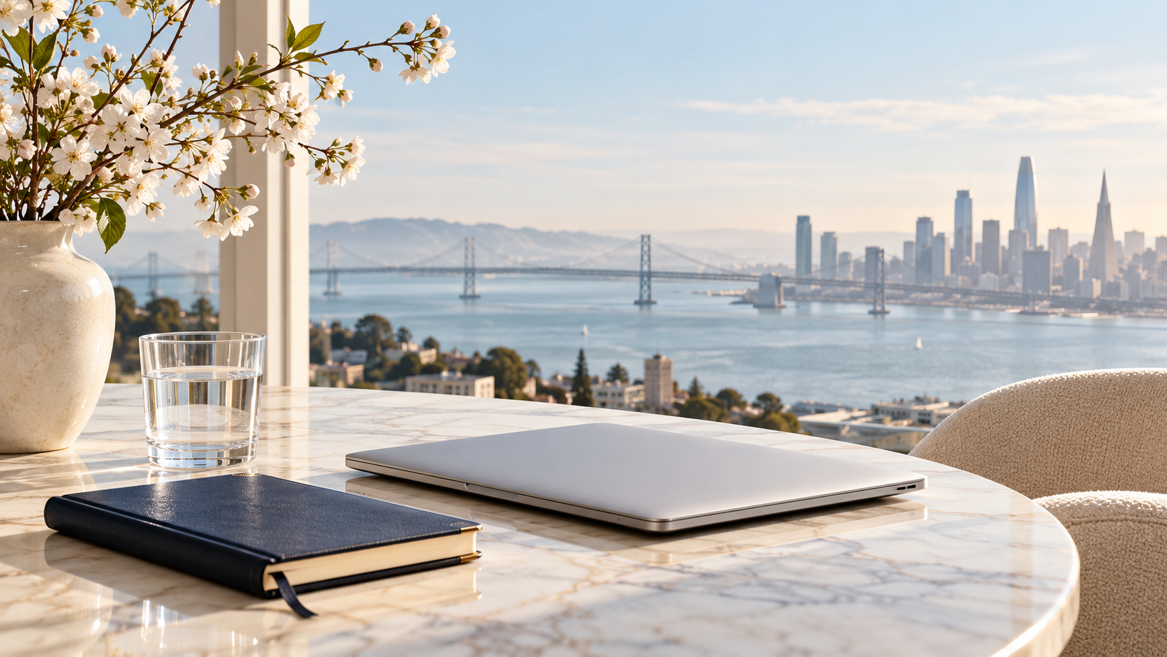 Closed laptop, navy notebook and white flowers in a calm waterfront workspace
